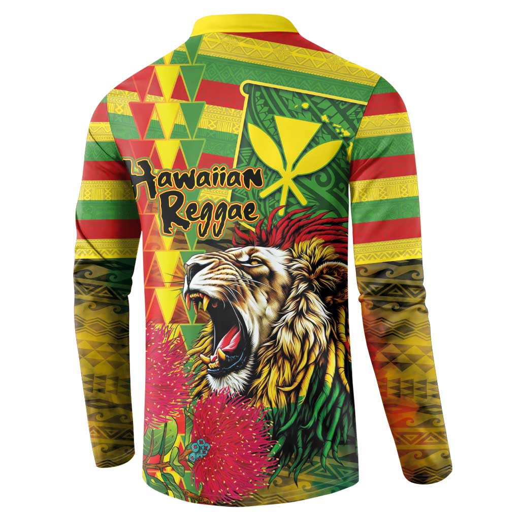 Hawaiian Reggae Button Sweatshirt Kakau Art Motifs with Ohia Lehua and Rastafari Lion LT03 - Polynesian Pride