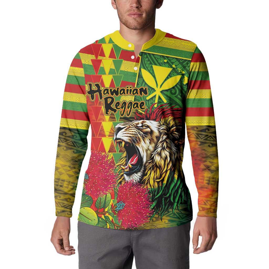 Hawaiian Reggae Button Sweatshirt Kakau Art Motifs with Ohia Lehua and Rastafari Lion LT03 - Polynesian Pride