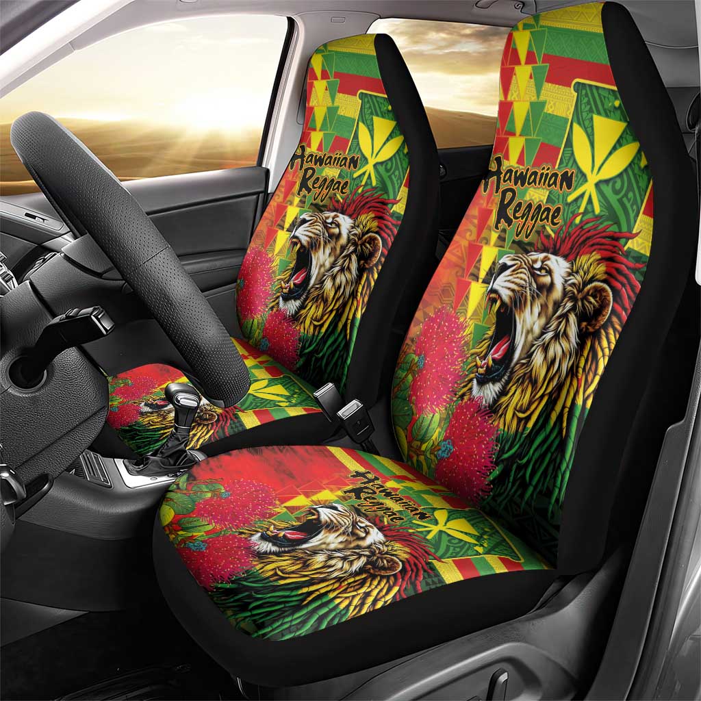 Hawaiian Reggae Car Seat Cover Kakau Art Motifs with Ohia Lehua and Rastafari Lion - Polynesian Pride