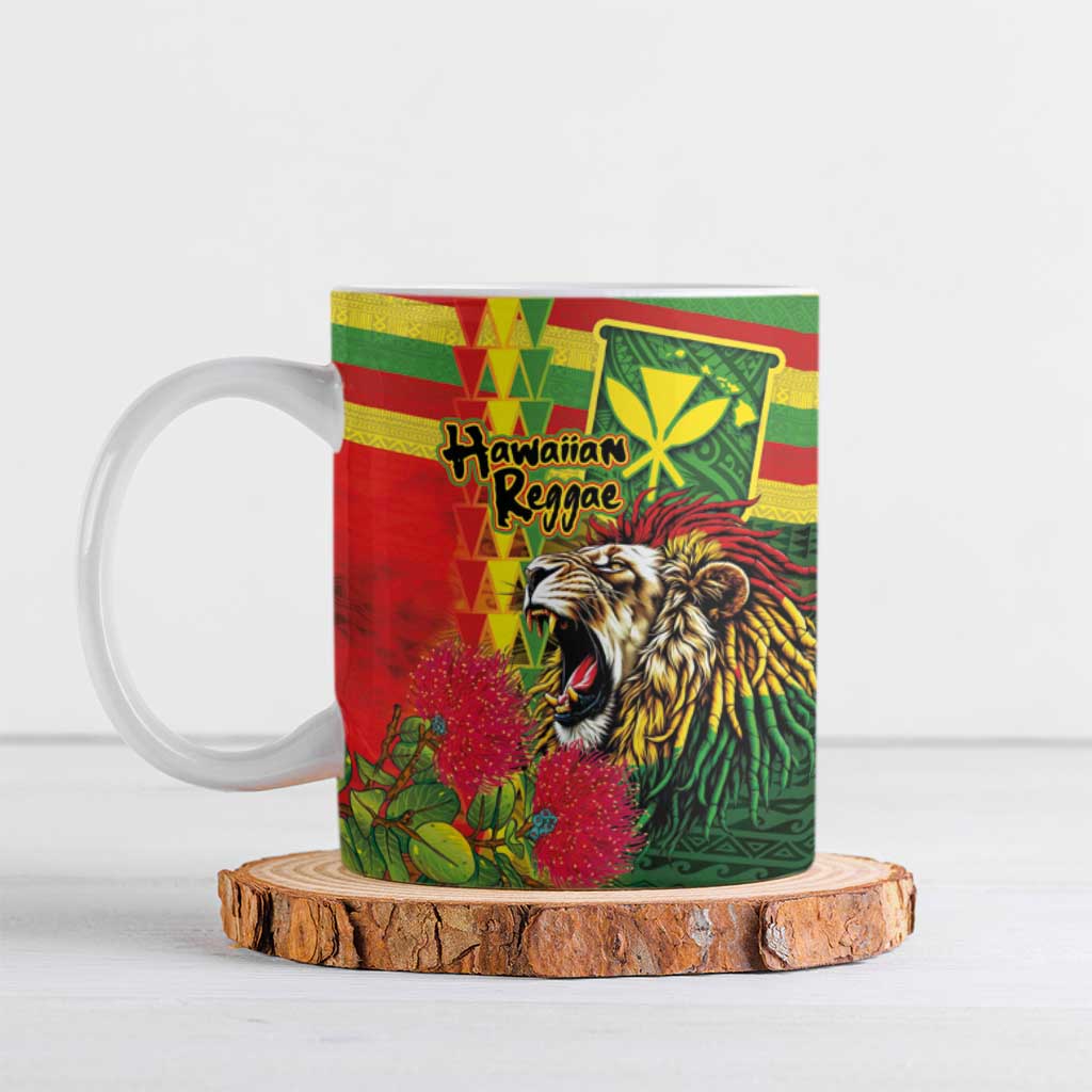 Hawaiian Reggae Ceramic Mug Kakau Art Motifs with Ohia Lehua and Rastafari Lion - Polynesian Pride