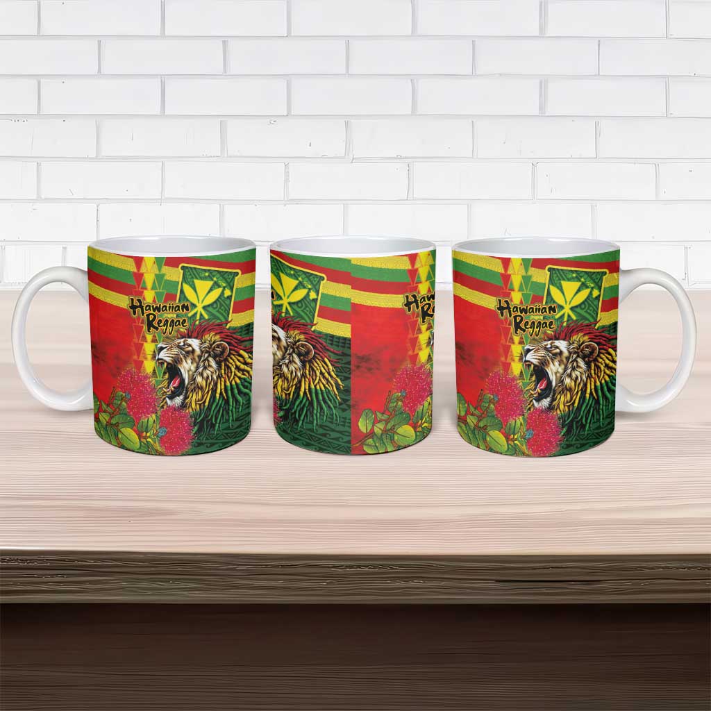 Hawaiian Reggae Ceramic Mug Kakau Art Motifs with Ohia Lehua and Rastafari Lion - Polynesian Pride