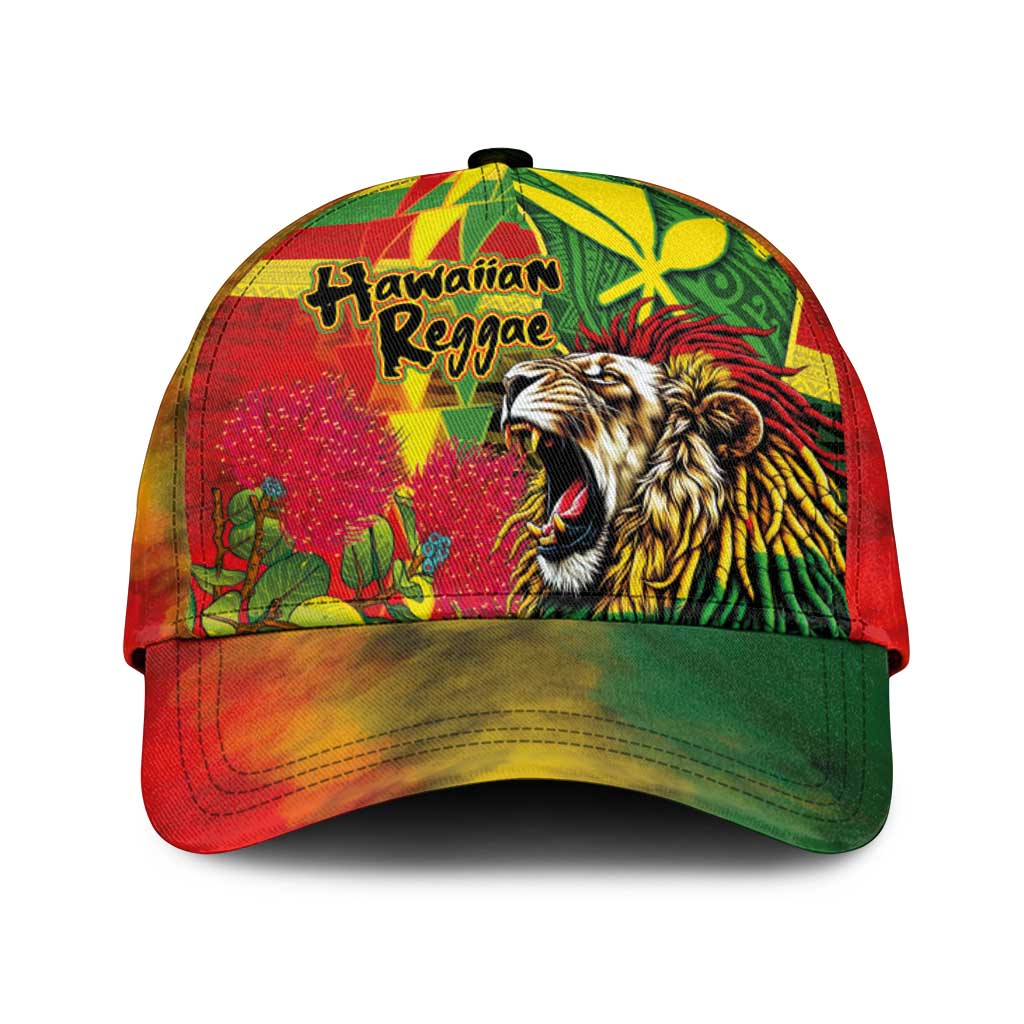 Hawaiian Reggae Classic Cap Kakau Art Motifs with Ohia Lehua and Rastafari Lion - Polynesian Pride