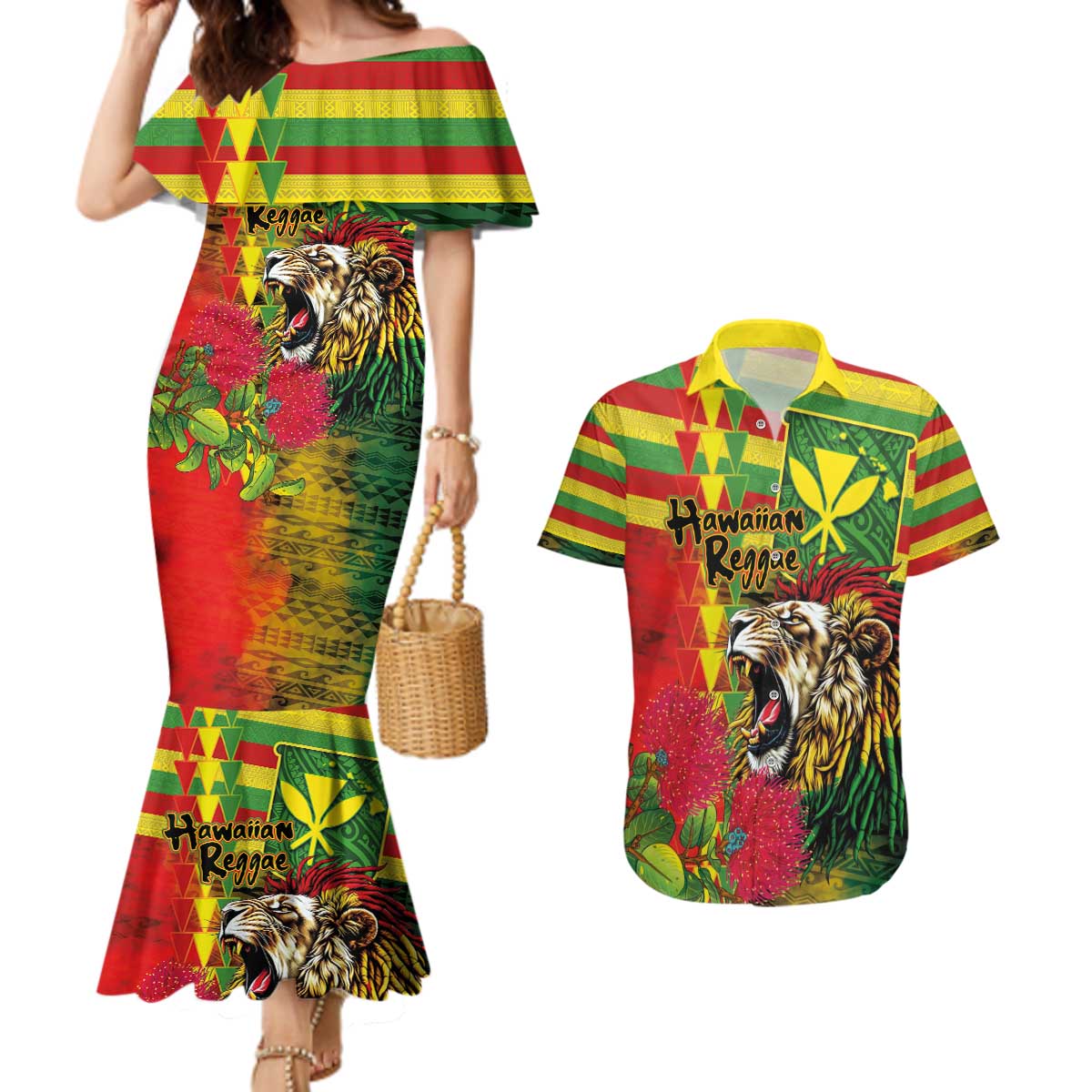Hawaiian Reggae Couples Matching Mermaid Dress and Hawaiian Shirt Kakau Art Motifs with Ohia Lehua and Rastafari Lion - Polynesian Pride