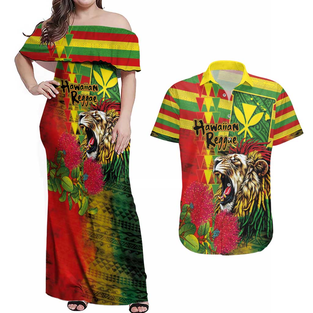 Hawaiian Reggae Couples Matching Off Shoulder Maxi Dress and Hawaiian Shirt Kakau Art Motifs with Ohia Lehua and Rastafari Lion - Polynesian Pride