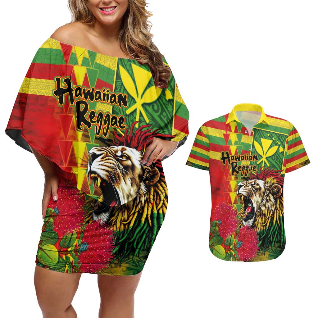 Hawaiian Reggae Couples Matching Off Shoulder Short Dress and Hawaiian Shirt Kakau Art Motifs with Ohia Lehua and Rastafari Lion - Polynesian Pride
