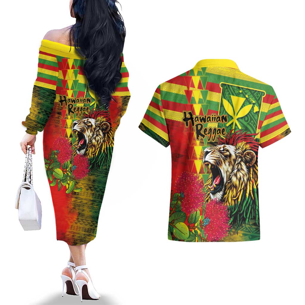 Hawaiian Reggae Couples Matching Off The Shoulder Long Sleeve Dress and Hawaiian Shirt Kakau Art Motifs with Ohia Lehua and Rastafari Lion - Polynesian Pride