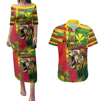 Hawaiian Reggae Couples Matching Puletasi and Hawaiian Shirt Kakau Art Motifs with Ohia Lehua and Rastafari Lion - Polynesian Pride