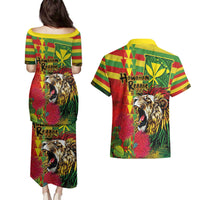 Hawaiian Reggae Couples Matching Puletasi and Hawaiian Shirt Kakau Art Motifs with Ohia Lehua and Rastafari Lion - Polynesian Pride