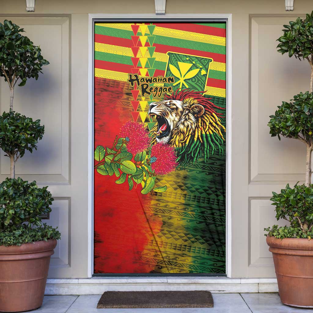 Hawaiian Reggae Door Cover Kakau Art Motifs with Ohia Lehua and Rastafari Lion - Polynesian Pride