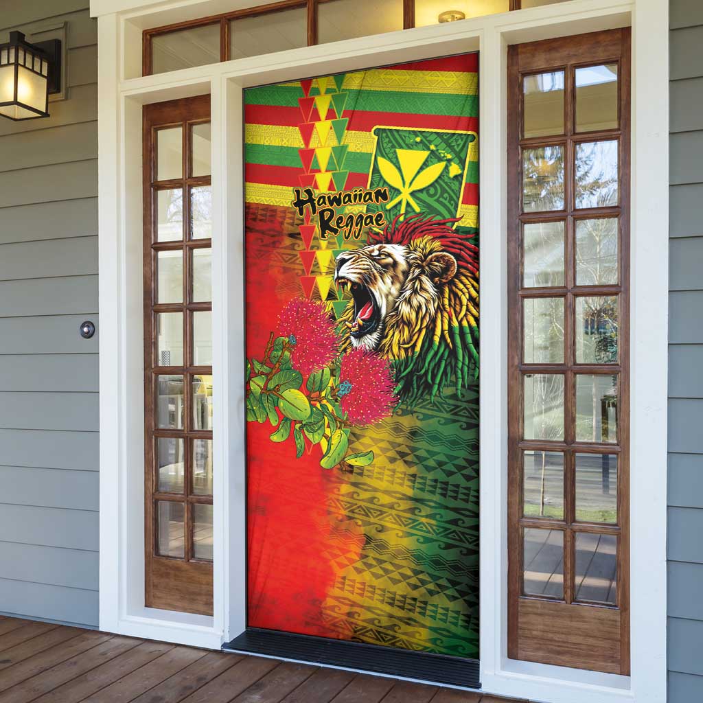 Hawaiian Reggae Door Cover Kakau Art Motifs with Ohia Lehua and Rastafari Lion - Polynesian Pride