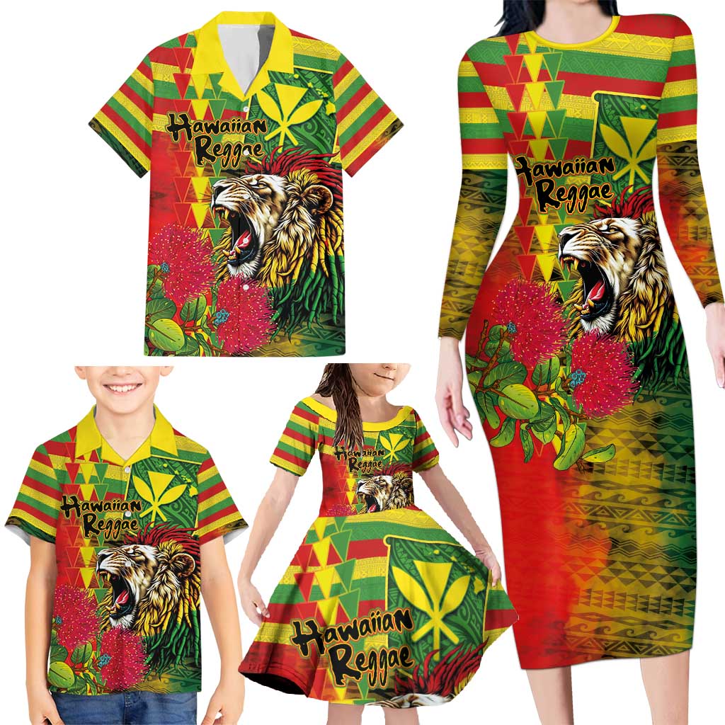 Hawaiian Reggae Family Matching Long Sleeve Bodycon Dress and Hawaiian Shirt Kakau Art Motifs with Ohia Lehua and Rastafari Lion - Polynesian Pride