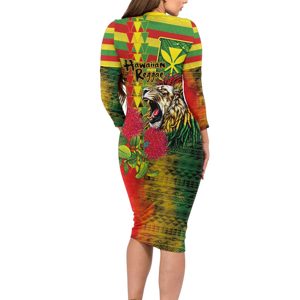 Hawaiian Reggae Family Matching Long Sleeve Bodycon Dress and Hawaiian Shirt Kakau Art Motifs with Ohia Lehua and Rastafari Lion - Polynesian Pride