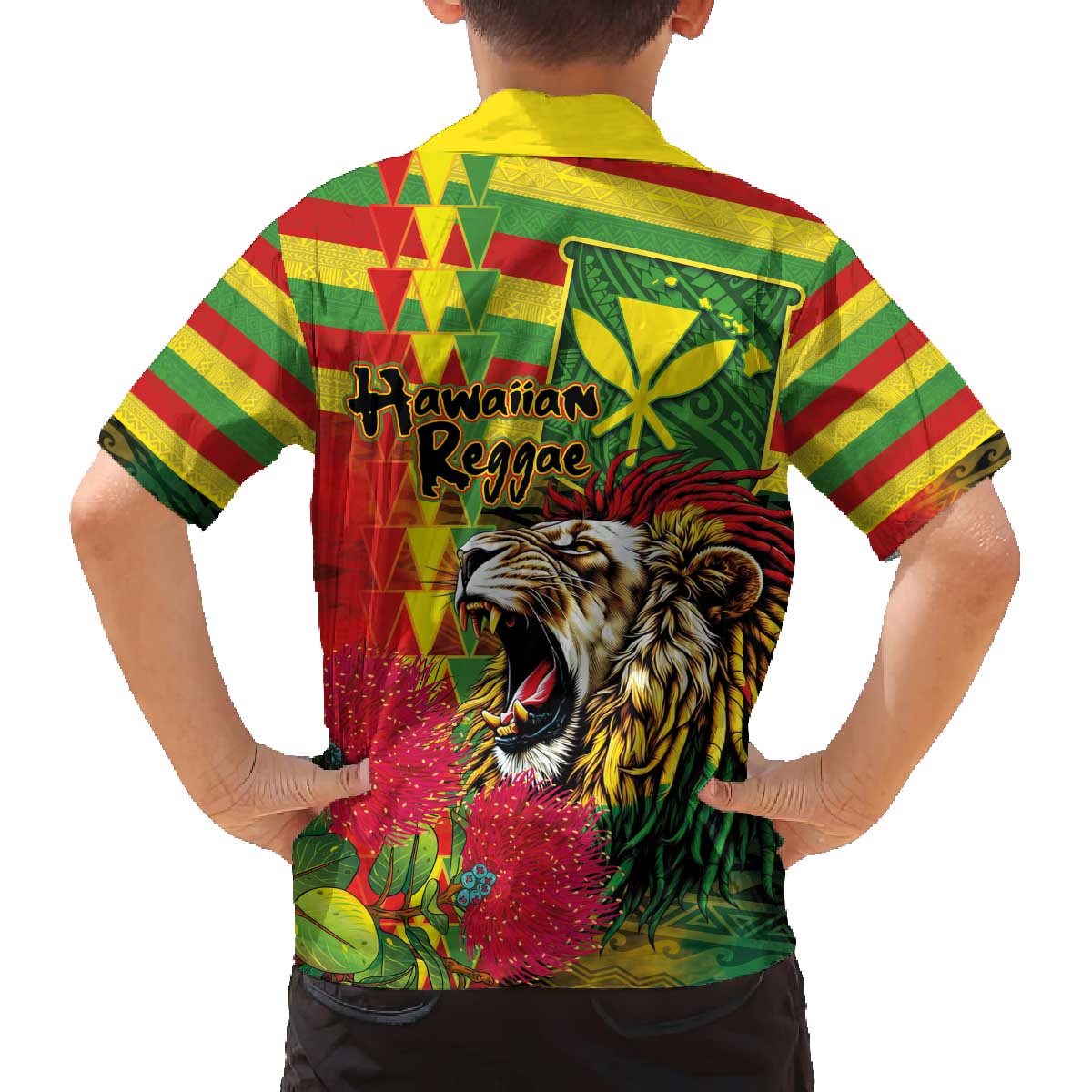 Hawaiian Reggae Family Matching Off The Shoulder Long Sleeve Dress and Hawaiian Shirt Kakau Art Motifs with Ohia Lehua and Rastafari Lion - Polynesian Pride
