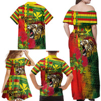 Hawaiian Reggae Family Matching Off Shoulder Maxi Dress and Hawaiian Shirt Kakau Art Motifs with Ohia Lehua and Rastafari Lion - Polynesian Pride