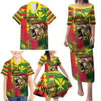 Hawaiian Reggae Family Matching Puletasi and Hawaiian Shirt Kakau Art Motifs with Ohia Lehua and Rastafari Lion - Polynesian Pride