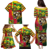 Hawaiian Reggae Family Matching Puletasi and Hawaiian Shirt Kakau Art Motifs with Ohia Lehua and Rastafari Lion - Polynesian Pride