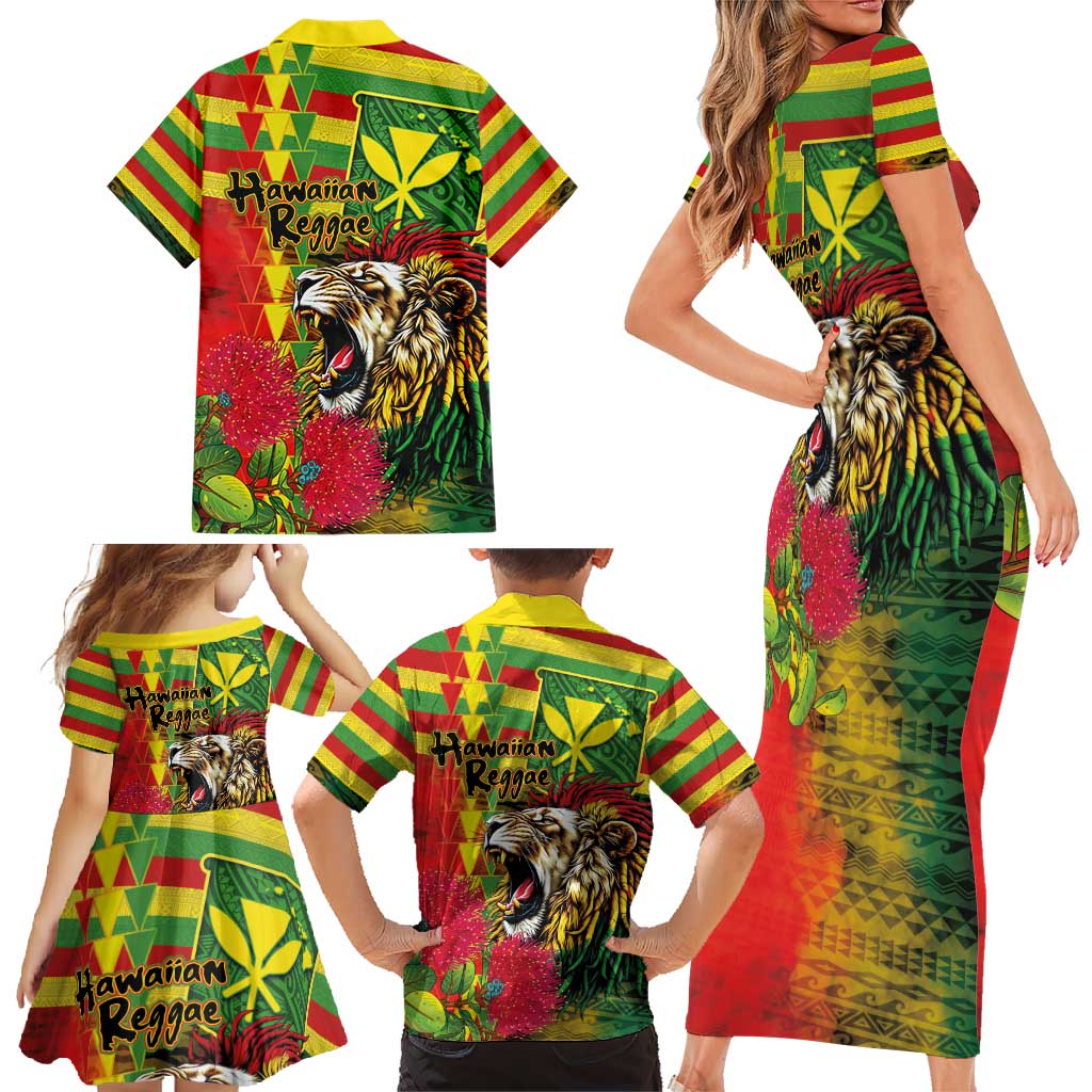 Hawaiian Reggae Family Matching Short Sleeve Bodycon Dress and Hawaiian Shirt Kakau Art Motifs with Ohia Lehua and Rastafari Lion - Polynesian Pride