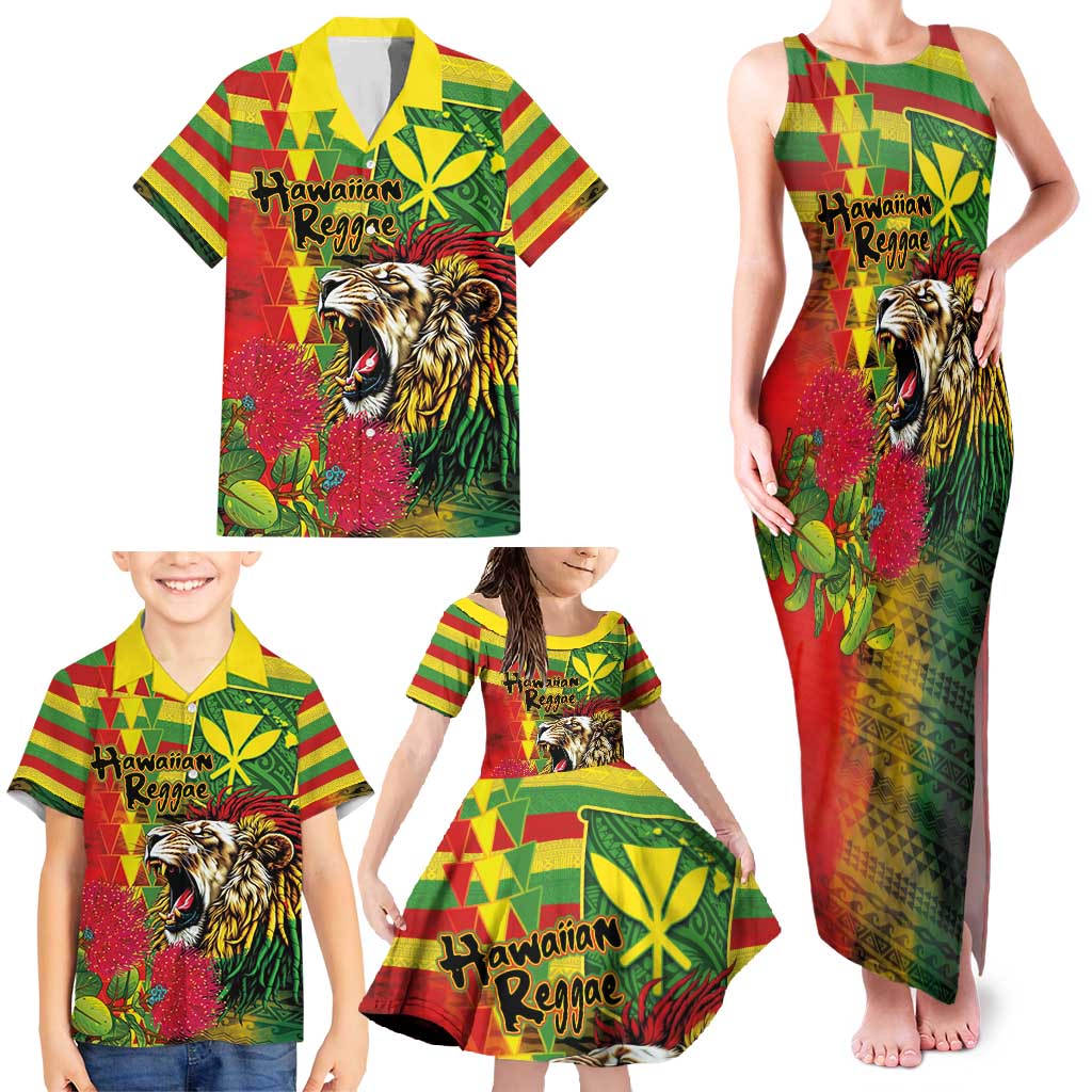 Hawaiian Reggae Family Matching Tank Maxi Dress and Hawaiian Shirt Kakau Art Motifs with Ohia Lehua and Rastafari Lion - Polynesian Pride