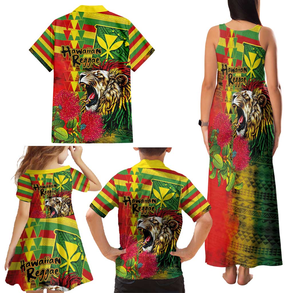 Hawaiian Reggae Family Matching Tank Maxi Dress and Hawaiian Shirt Kakau Art Motifs with Ohia Lehua and Rastafari Lion - Polynesian Pride