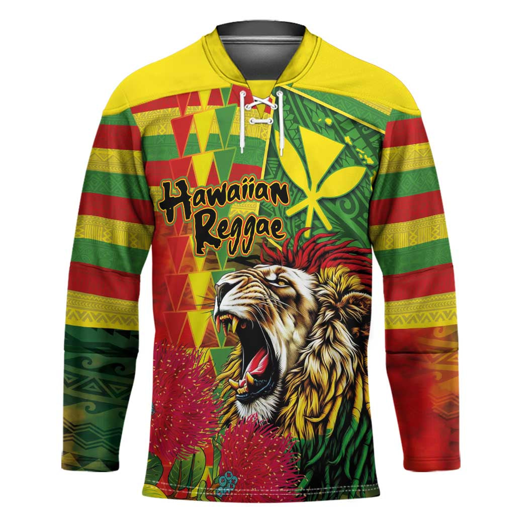 Hawaiian Reggae Hockey Jersey Kakau Art Motifs with Ohia Lehua and Rastafari Lion - Polynesian Pride