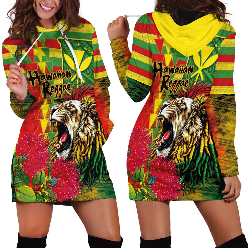 Hawaiian Reggae Hoodie Dress Kakau Art Motifs with Ohia Lehua and Rastafari Lion - Polynesian Pride