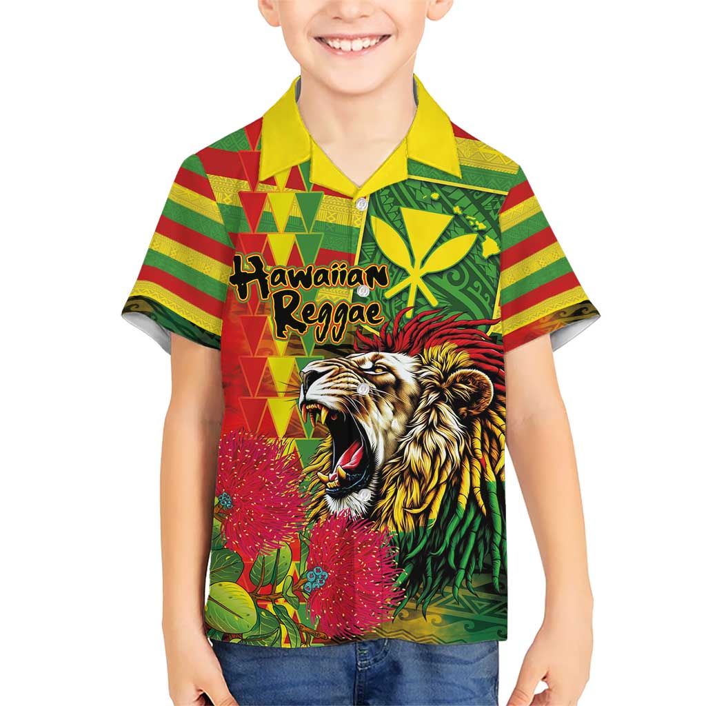 Hawaiian Reggae Kid Hawaiian Shirt Kakau Art Motifs with Ohia Lehua and Rastafari Lion - Polynesian Pride