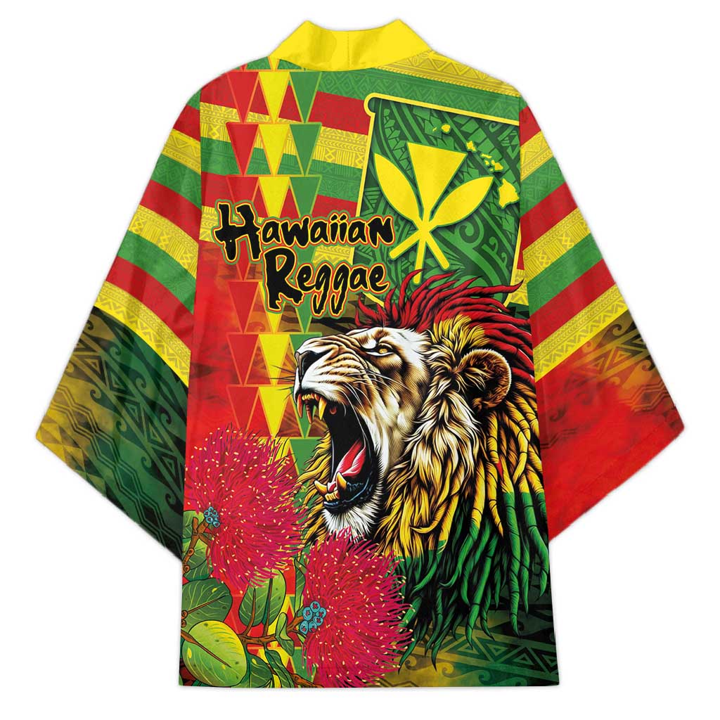 Hawaiian Reggae Kimono Kakau Art Motifs with Ohia Lehua and Rastafari Lion - Polynesian Pride