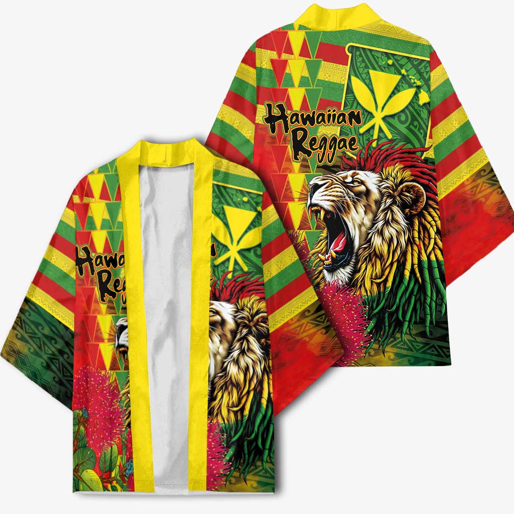 Hawaiian Reggae Kimono Kakau Art Motifs with Ohia Lehua and Rastafari Lion - Polynesian Pride
