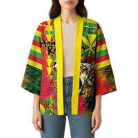Hawaiian Reggae Kimono Kakau Art Motifs with Ohia Lehua and Rastafari Lion - Polynesian Pride
