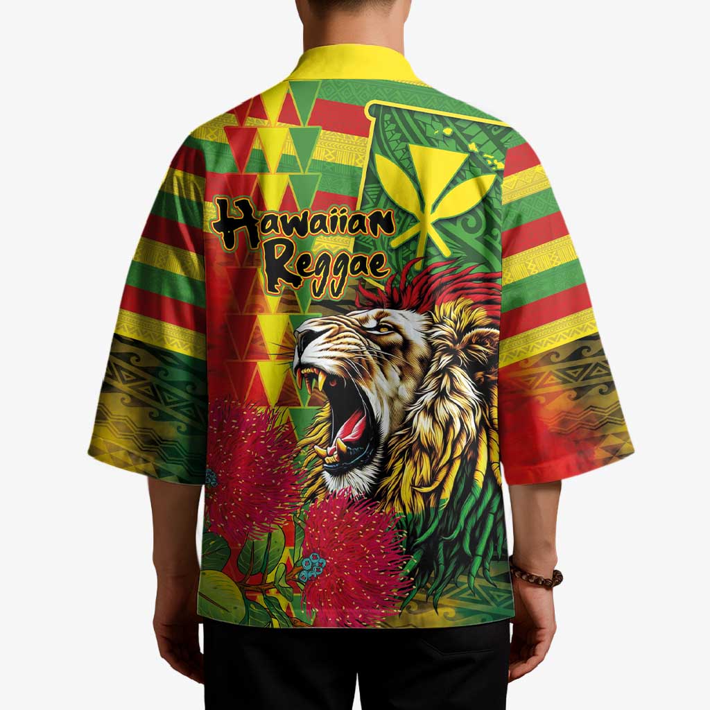 Hawaiian Reggae Kimono Kakau Art Motifs with Ohia Lehua and Rastafari Lion - Polynesian Pride