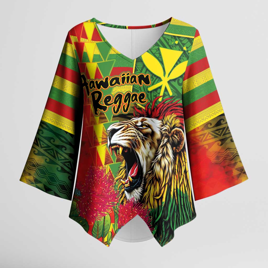 Hawaiian Reggae Kimono Sleeve Blouse Kakau Art Motifs with Ohia Lehua and Rastafari Lion - Polynesian Pride