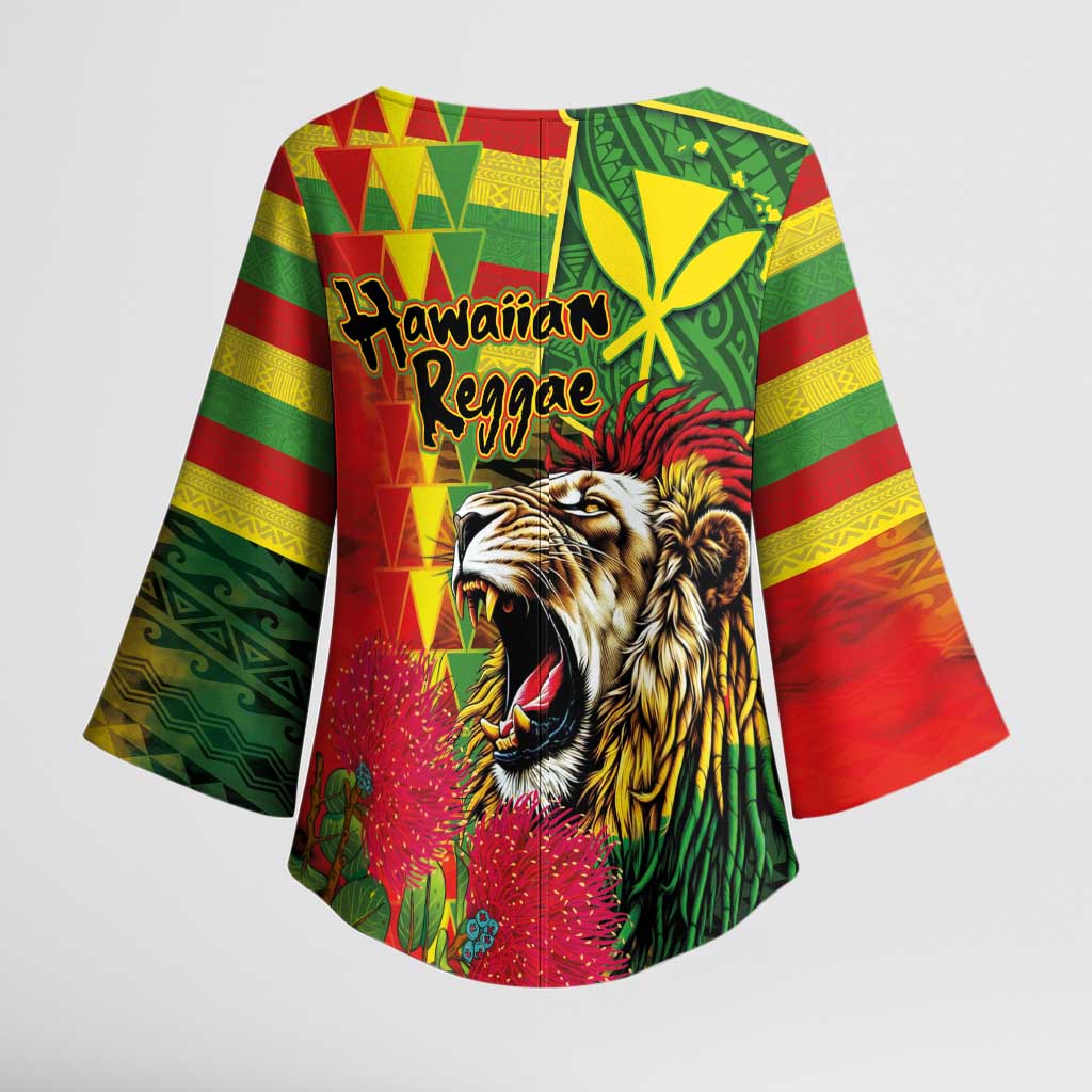 Hawaiian Reggae Kimono Sleeve Blouse Kakau Art Motifs with Ohia Lehua and Rastafari Lion - Polynesian Pride
