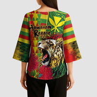 Hawaiian Reggae Kimono Sleeve Blouse Kakau Art Motifs with Ohia Lehua and Rastafari Lion - Polynesian Pride