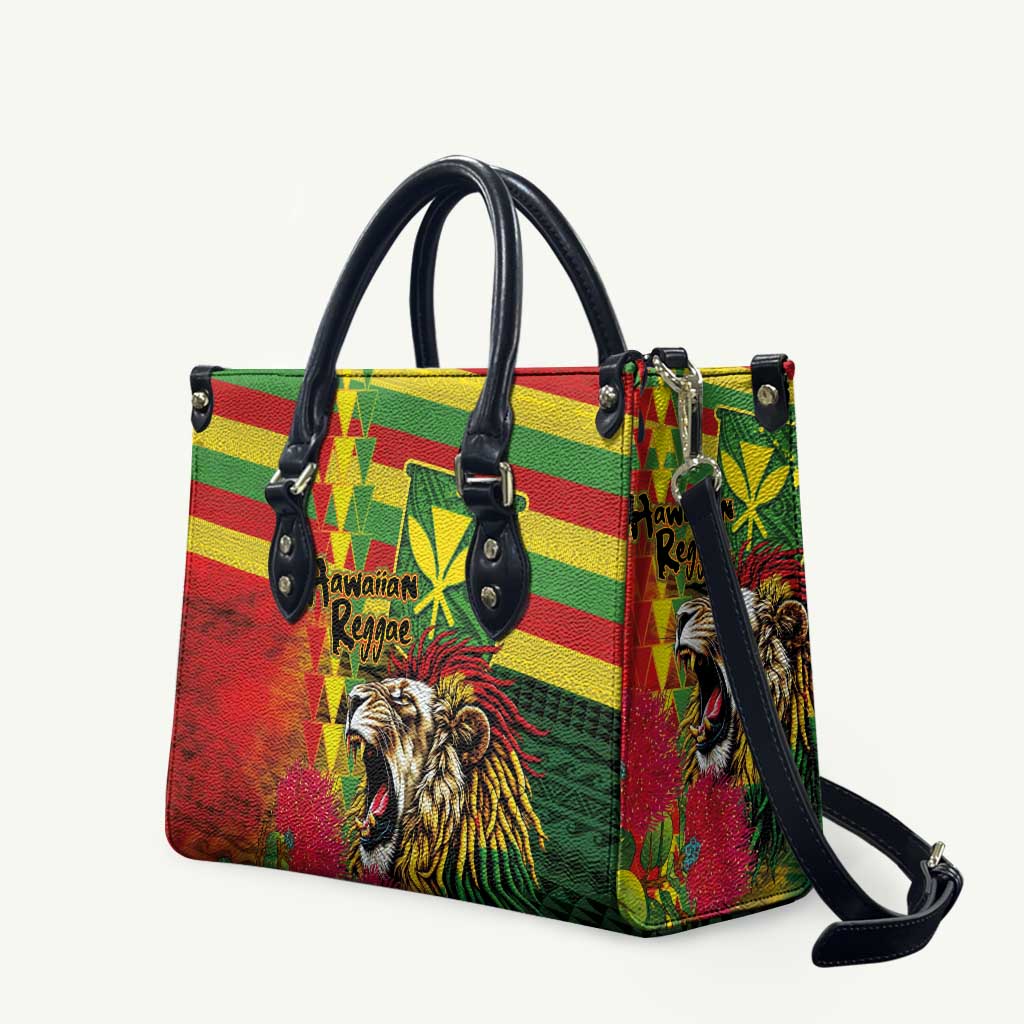 Hawaiian Reggae Leather Bag Kakau Art Motifs with Ohia Lehua and Rastafari Lion - Polynesian Pride