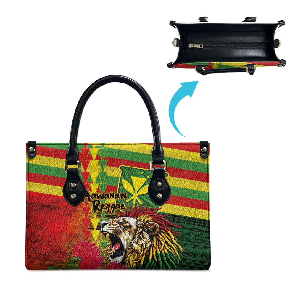 Hawaiian Reggae Leather Bag Kakau Art Motifs with Ohia Lehua and Rastafari Lion - Polynesian Pride