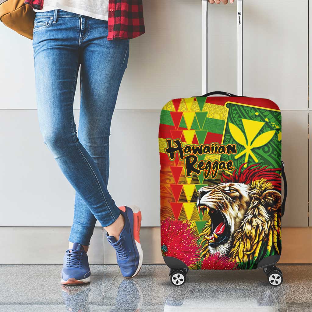 Hawaiian Reggae Luggage Cover Kakau Art Motifs with Ohia Lehua and Rastafari Lion - Polynesian Pride