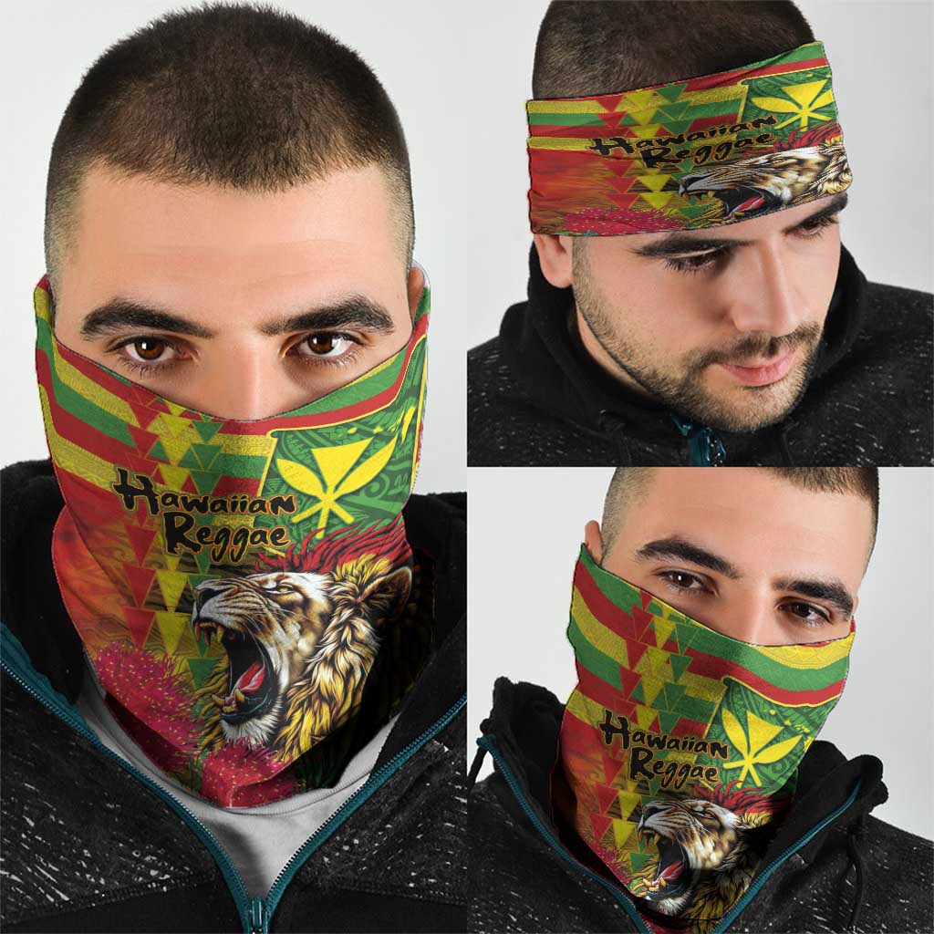 Hawaiian Reggae Neck Gaiter Kakau Art Motifs with Ohia Lehua and Rastafari Lion - Polynesian Pride