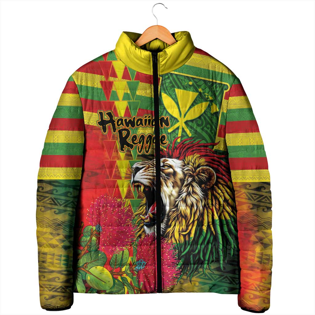 Hawaiian Reggae Padded Jacket Kakau Art Motifs with Ohia Lehua and Rastafari Lion - Polynesian Pride