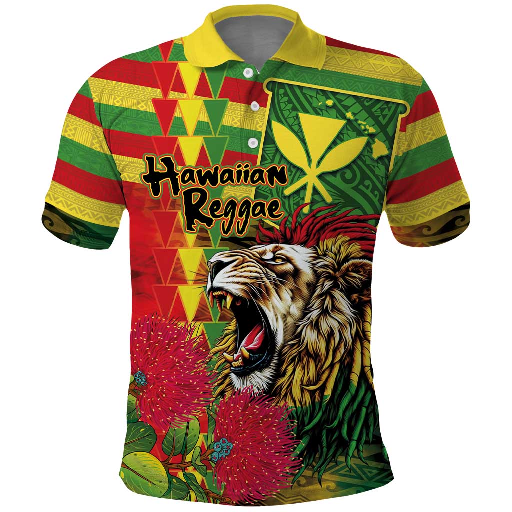 Hawaiian Reggae Polo Shirt Kakau Art Motifs with Ohia Lehua and Rastafari Lion - Polynesian Pride