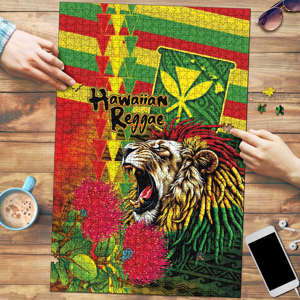 Hawaiian Reggae Puzzle Kakau Art Motifs with Ohia Lehua and Rastafari Lion - Polynesian Pride