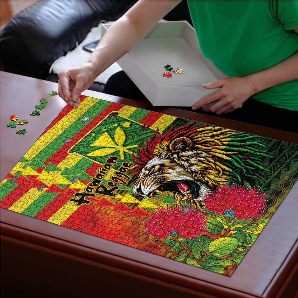 Hawaiian Reggae Puzzle Kakau Art Motifs with Ohia Lehua and Rastafari Lion - Polynesian Pride