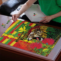 Hawaiian Reggae Puzzle Kakau Art Motifs with Ohia Lehua and Rastafari Lion - Polynesian Pride