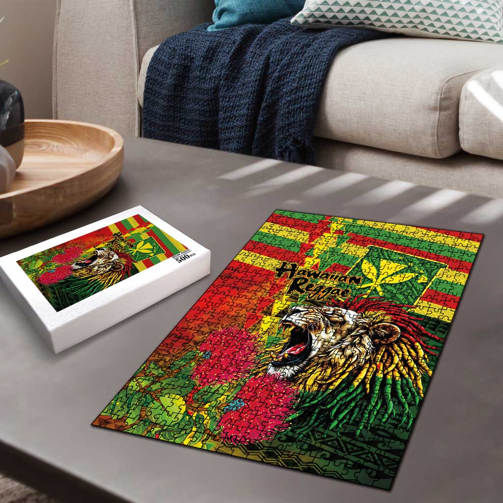 Hawaiian Reggae Puzzle Kakau Art Motifs with Ohia Lehua and Rastafari Lion - Polynesian Pride