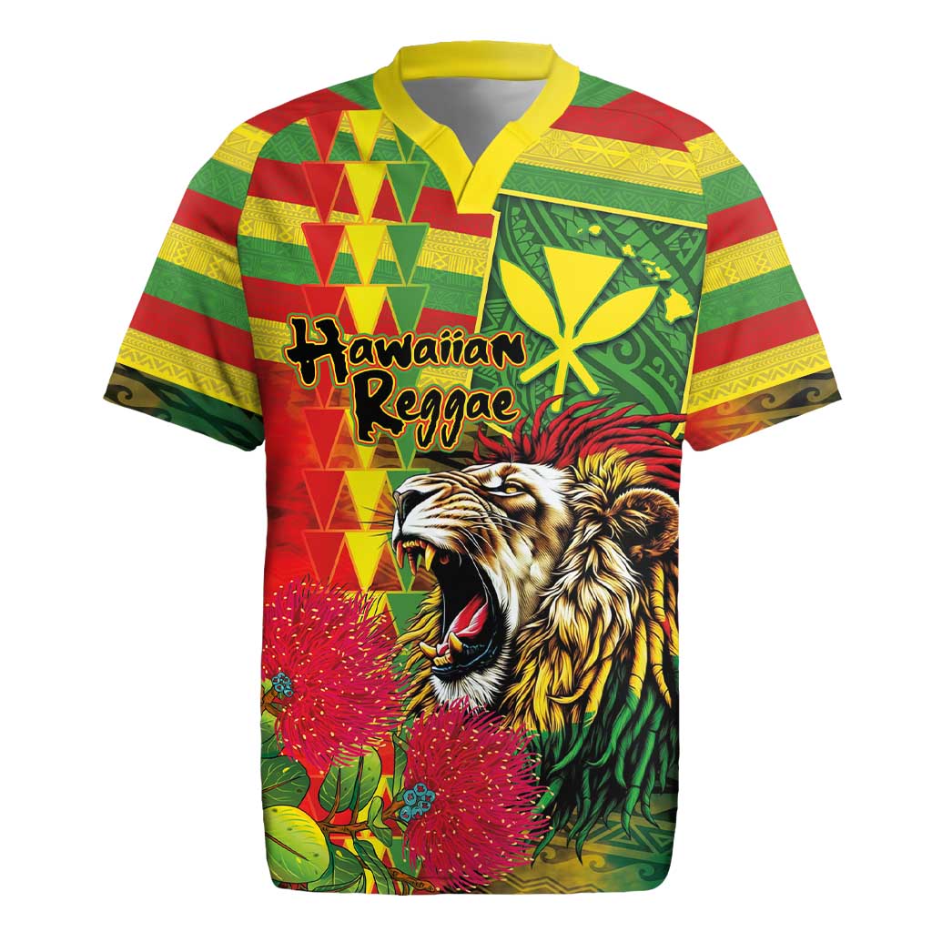 Hawaiian Reggae Rugby Jersey Kakau Art Motifs with Ohia Lehua and Rastafari Lion - Polynesian Pride