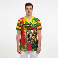 Hawaiian Reggae Scrub Top Kakau Art Motifs with Ohia Lehua and Rastafari Lion - Polynesian Pride