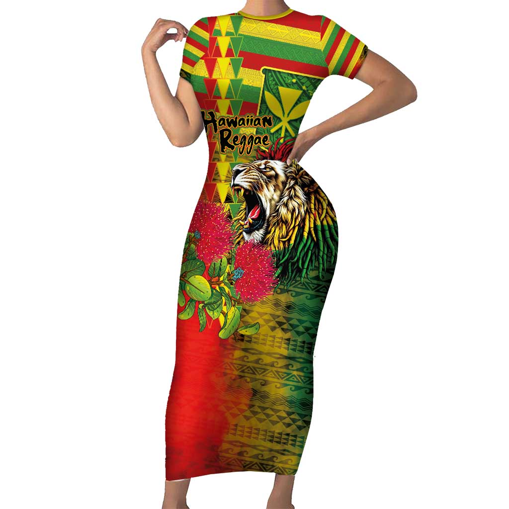 Hawaiian Reggae Short Sleeve Bodycon Dress Kakau Art Motifs with Ohia Lehua and Rastafari Lion - Polynesian Pride