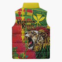 Hawaiian Reggae Sleeveless Puffer Jacket Kakau Art Motifs with Ohia Lehua and Rastafari Lion - Polynesian Pride