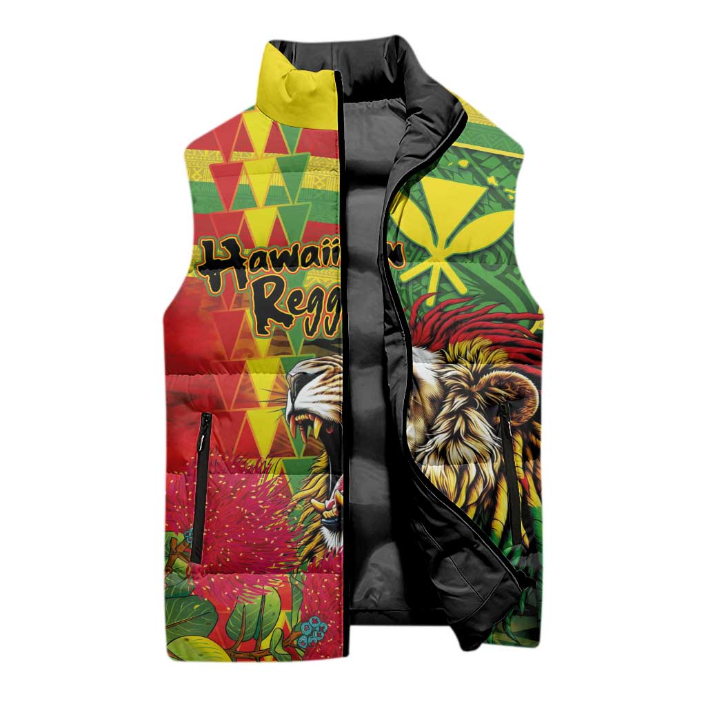 Hawaiian Reggae Sleeveless Puffer Jacket Kakau Art Motifs with Ohia Lehua and Rastafari Lion - Polynesian Pride