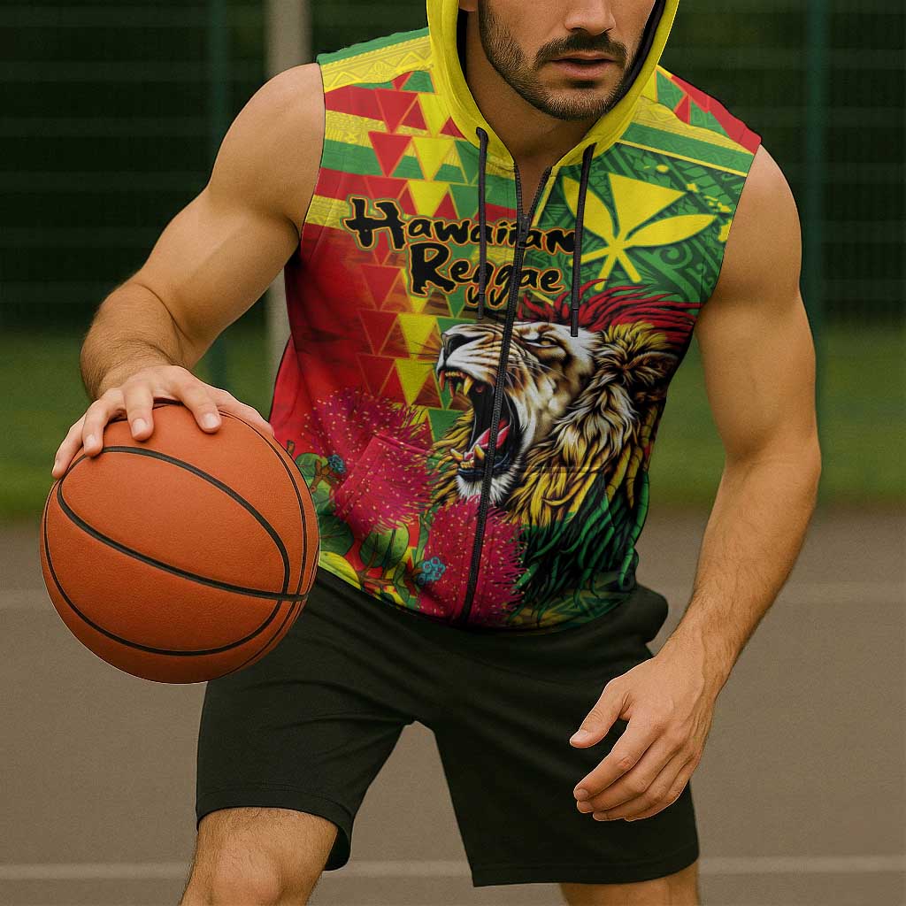 Hawaiian Reggae Sleeveless Zip Hoodie Kakau Art Motifs with Ohia Lehua and Rastafari Lion - Polynesian Pride