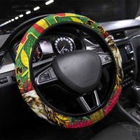 Hawaiian Reggae Steering Wheel Cover Kakau Art Motifs with Ohia Lehua and Rastafari Lion - Polynesian Pride